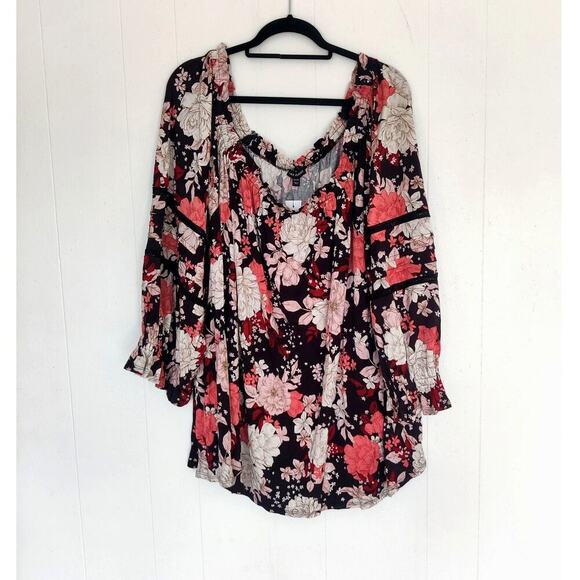 Lane Bryant Convertible On Off-Shoulder Swing Floral Blouse Long Sleeve Sz 30-32 - Picture 1 of 9